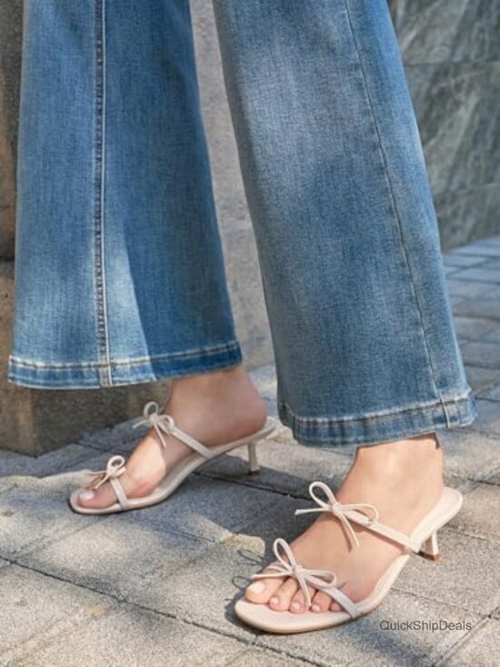 Women Kitten Heels Sandals Bow Square Open Toe Two Strap Slide Dress Shoes